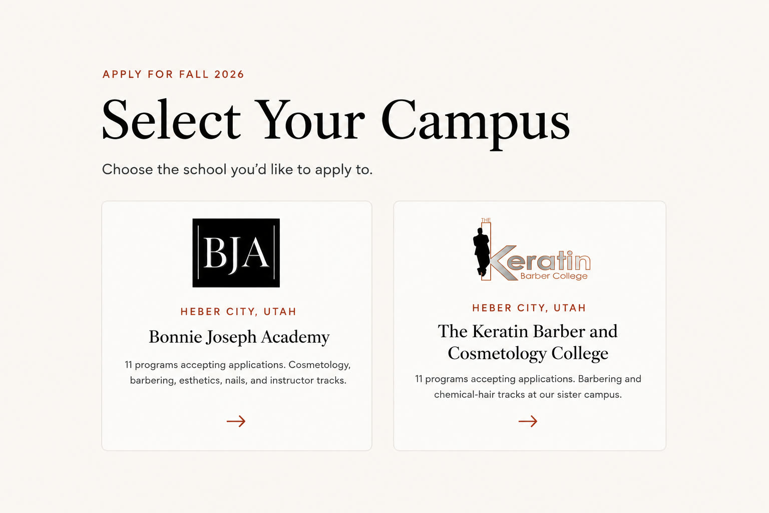 Enrollment portal campus picker: choose Bonnie Joseph Academy or Keratin Barber College